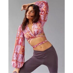 Urban Outfitters | Florentina Wrap Top Crop Long Sleeve Crushed Velvet Pink New